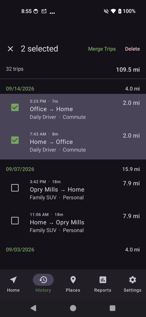 OwnMiles History List Selection